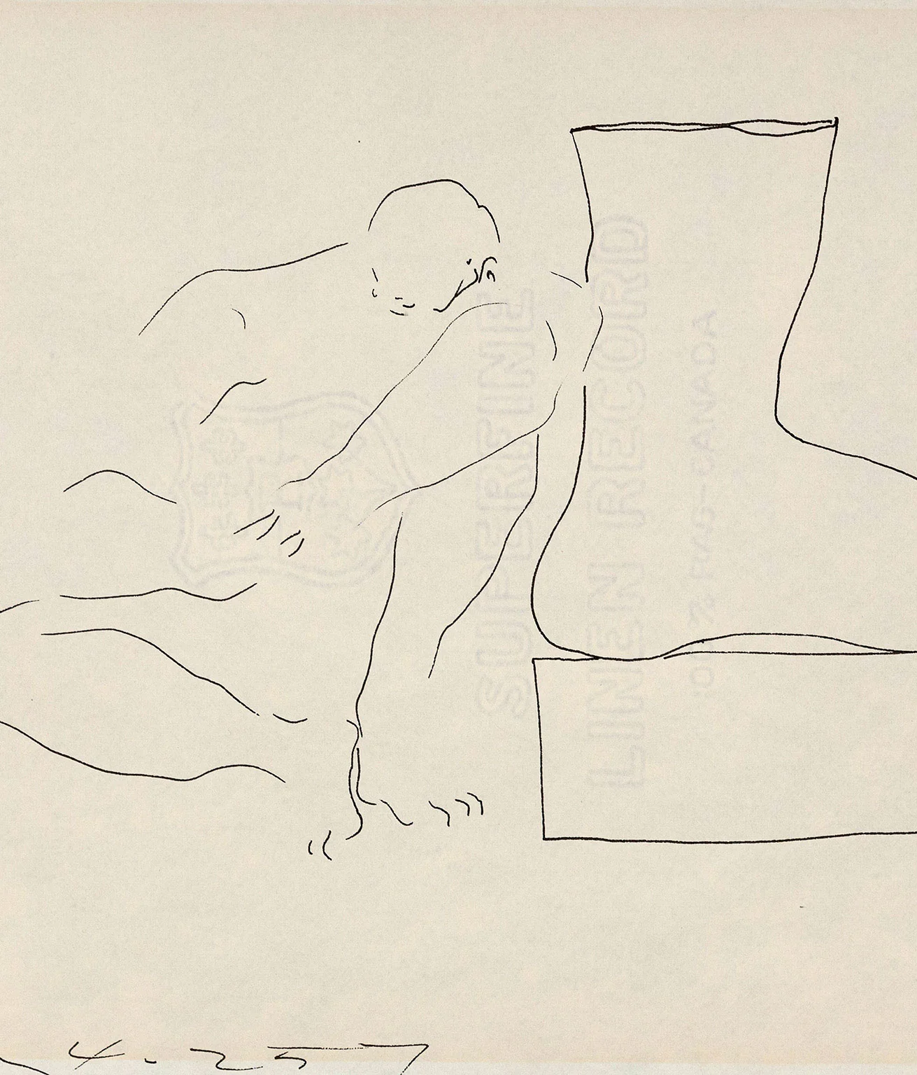 HAROLD TOWN "MAN AND MONUMENT" INK DRAWING, 1957